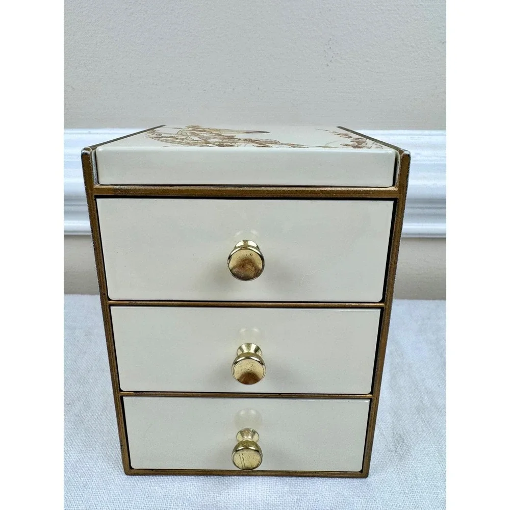 Vintage Otagiri Lacquerware Asian Bird Jewelry Box 3 Drawer Mirror Cream Mini